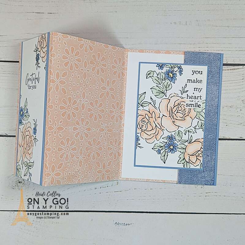 Inside a center accordion fun fold card using the Layers of Beauty stamp set and the Country Lace patterned paper from Stampin' Up!®️ 