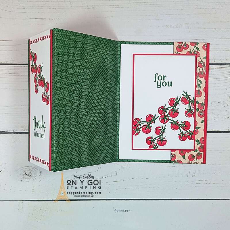 Inside a center accordion fun fold card using the Market Goodness stamp set and the To Market patterned paper from Stampin' Up!®️ 