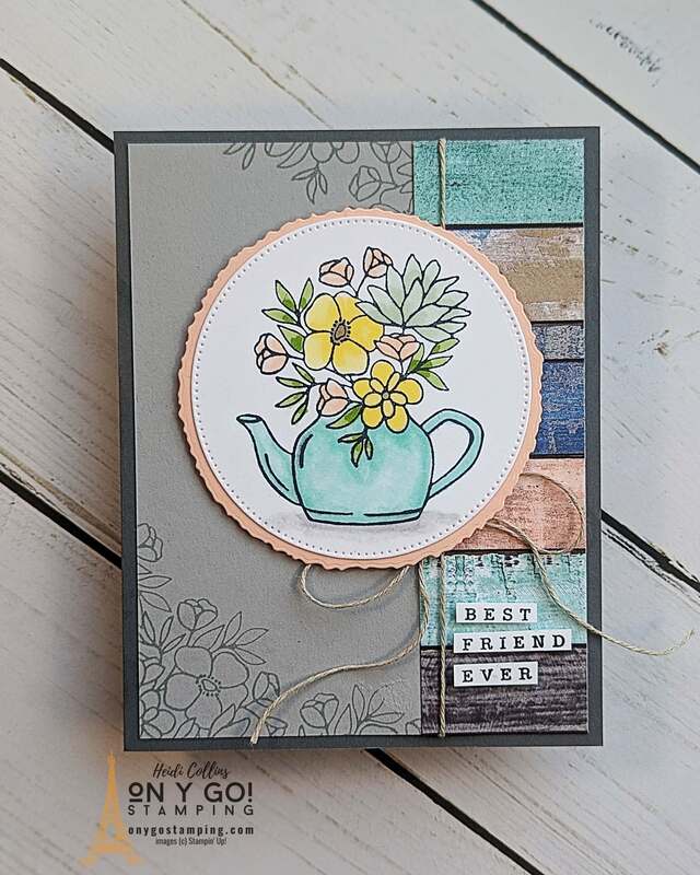 Beautiful handmade card to send your bestie using the Country Flowers stamp set with the Country Woods patterned paper from Stampin' Up!®️ 