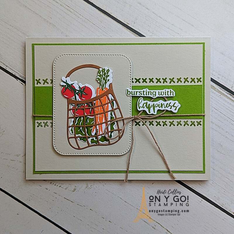 This handmade card is bursting with happiness, or at least bursting with vegetables from the Market Goodness bundle from Stampin' Up!®️ 