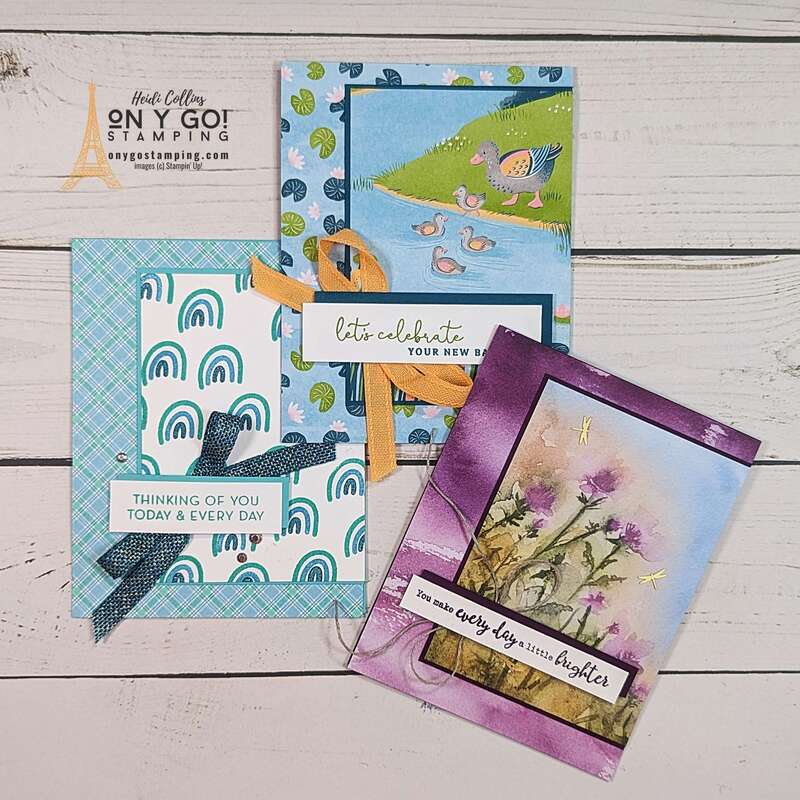 Use a card template to create quick and easy handmade cards with patterned paper like the Lily Pond Lane, Thoughtful Journey, and Dandy Designs Designer Series Paper from Stampin' Up!®️ 