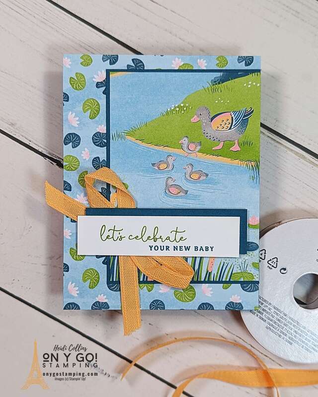 Welcome a new baby with an easy handmade card based on a card template. This baby card uses the Lily Pond Lane patterned paper with the Sentimental Park stamp set from Stampin' Up!®️ 