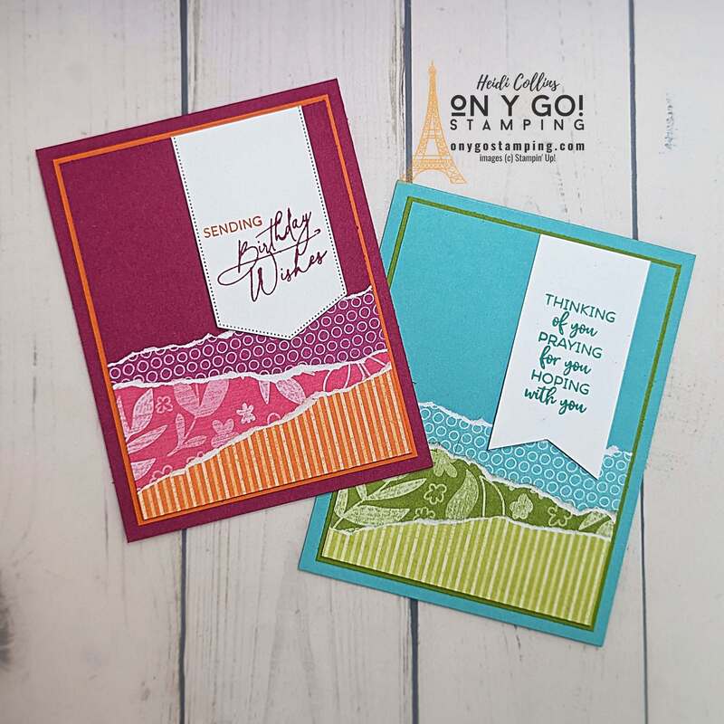 Use a little torn patterned paper and a simple card sketch to create quick and easy handmade cards.