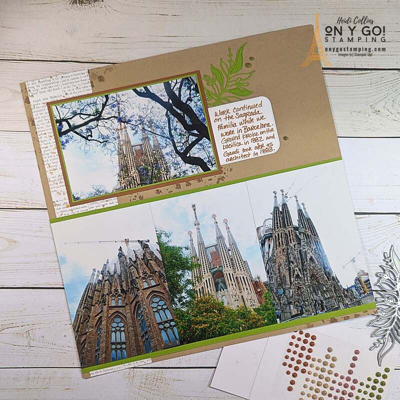 Elegant scrapbook layout for travel pictures made with the Nature's Sweetness patterned paper, Friends for Life dies, and the Of Art and Texture stamp set from Stampin' Up!®️ 