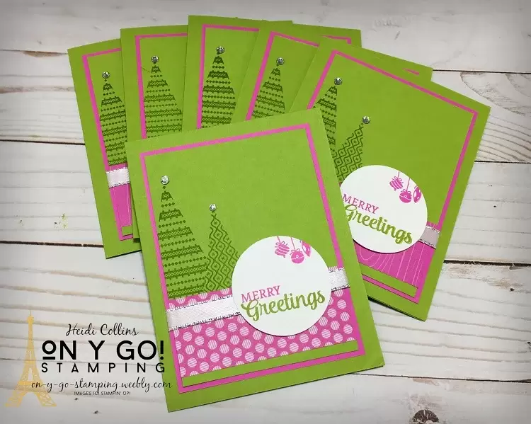 5 tips for making a stack of holiday cards. Includes a sample card using the Tree Angle stamp set from Stampin' Up! in pink and green. Plus, tips for using the Stamparatus.